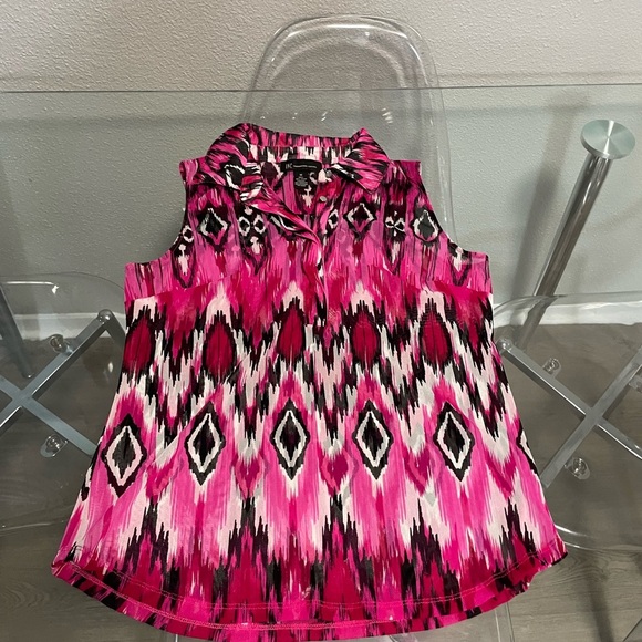 INC International Concepts Tops - INC International Concepts Pink and Black Graphic Ruffled Blouse